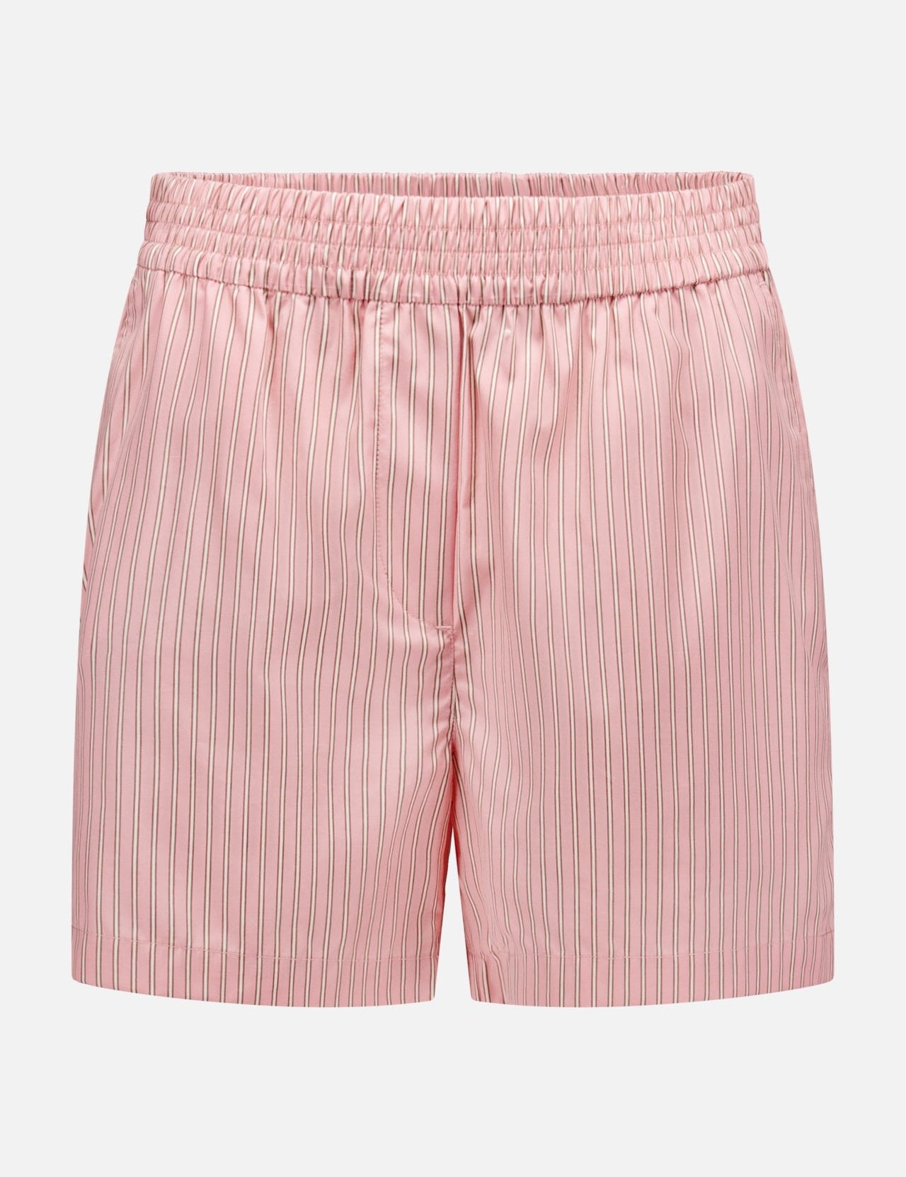 The RAG & BONE Emma Stripe Poplin Short features pink cotton poplin with thin vertical black stripes and an elastic waistband, shown against a plain white background.