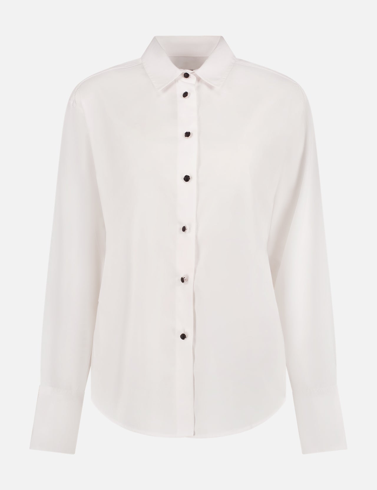 The RAG & BONE Eve Tie-back Poplin Shirt is a white, long-sleeve shirt with a pointed collar, black buttons, and an adjustable self-tie back for a tailored fit. Shown against a plain white background.