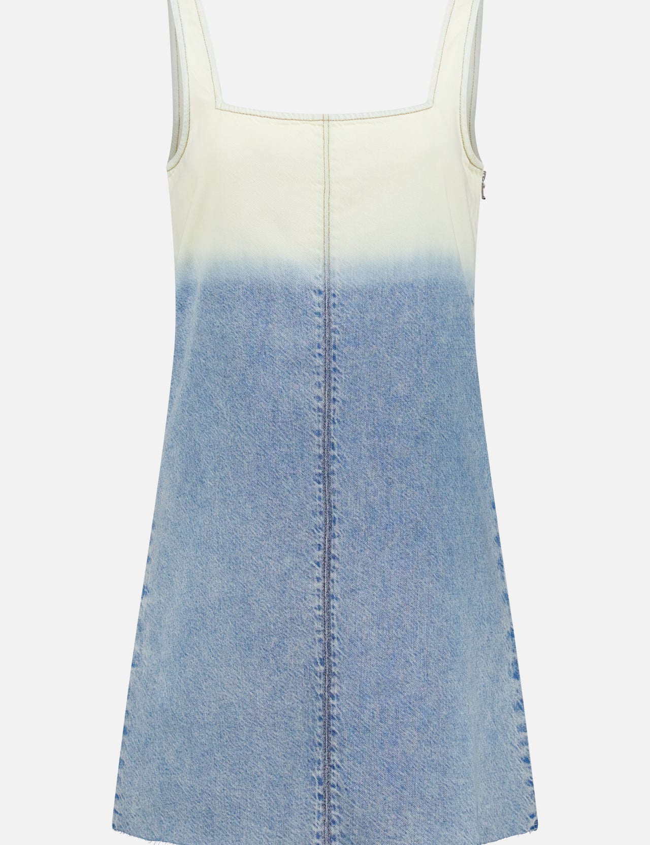 The Featherweight Jayde Colorblock Mini Dress by RAG & BONE is a sleeveless, square-neck denim mini featuring a white-to-light blue gradient, central front seams, and a raw edge hem for a modern look.