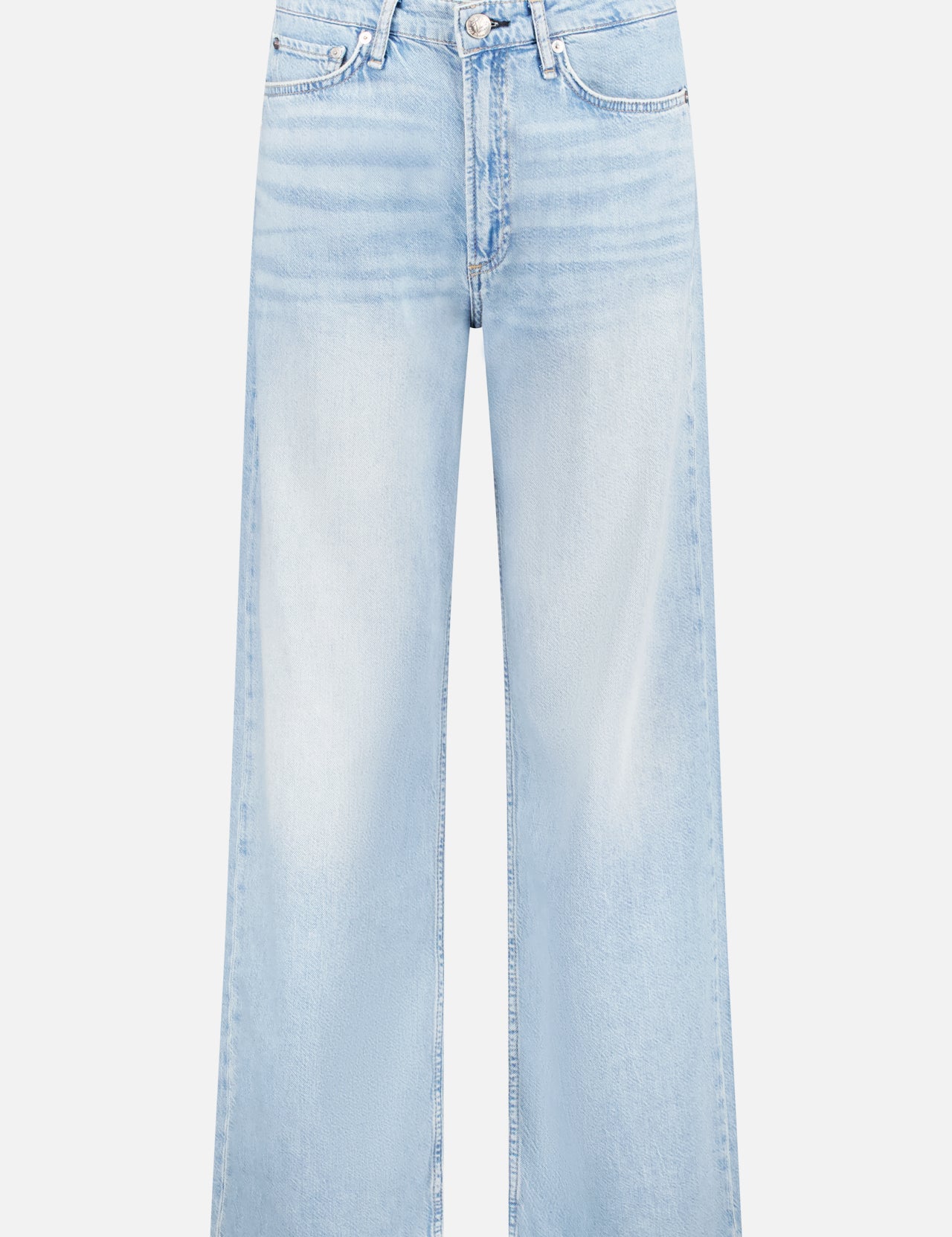The RAG & BONE Featherweight Logan Mid-Rise Wide Leg Jean features a light blue, featherweight denim with button and zip closure, front and back pockets, and a faded wash. Relaxed fit is shown against a plain white background.