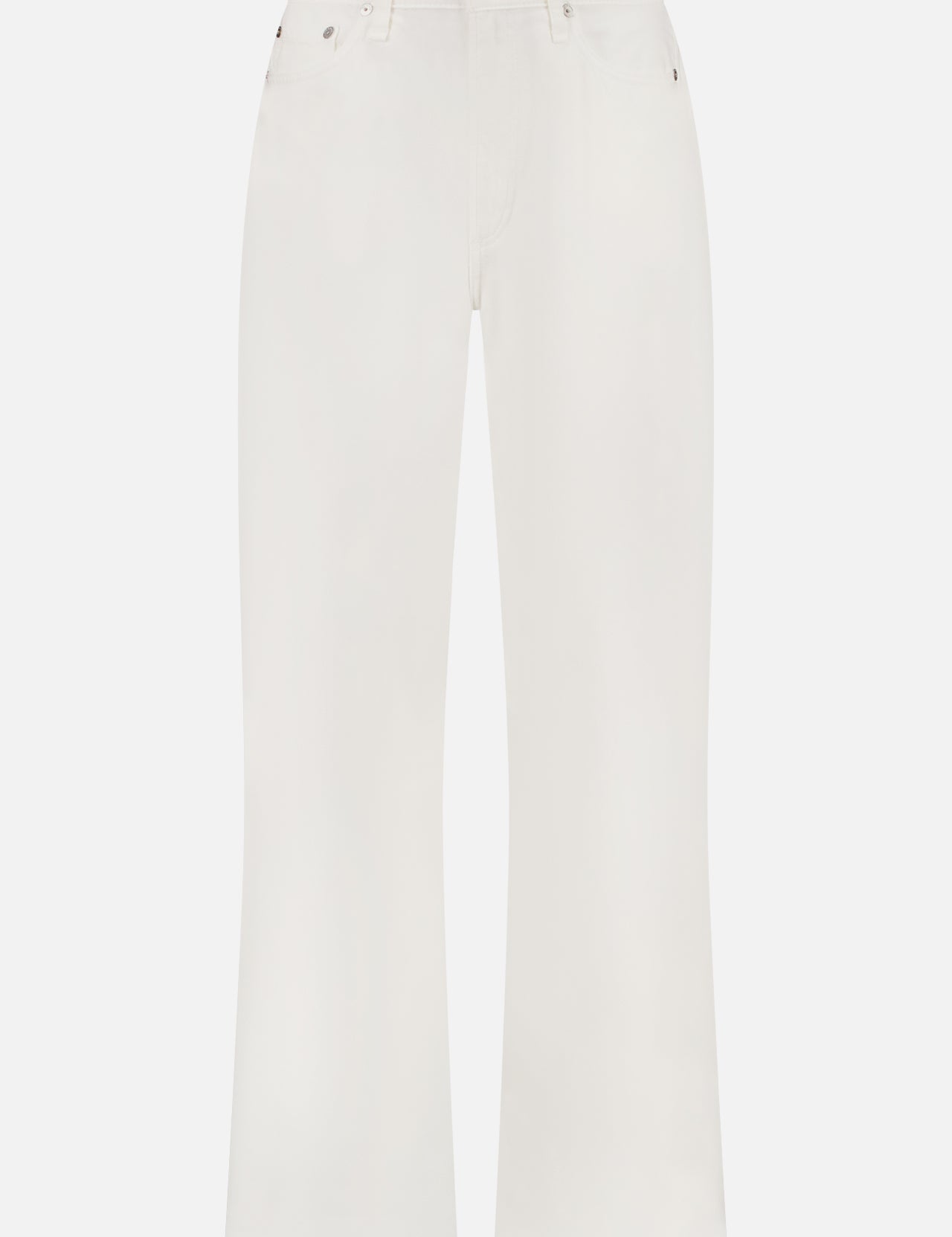 The RAG & BONE Featherweight Wide Leg Logan Jean is a pair of white, high-waisted, relaxed fit jeans with straight legs, front and back pockets, and a button-zip closure, shown against a plain white background.