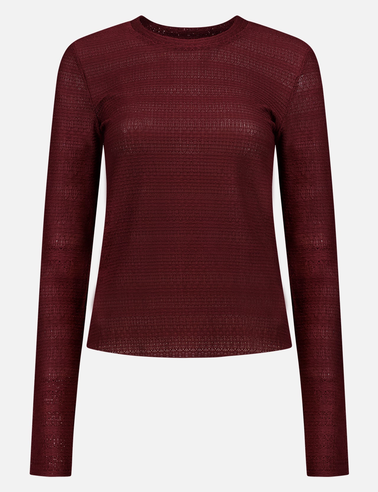 The Julia Long Sleeve Top by RAG & BONE is a slim fit, burgundy mesh top with long sleeves and a round neckline, featuring pointelle-like detailing and shown against a plain white background.