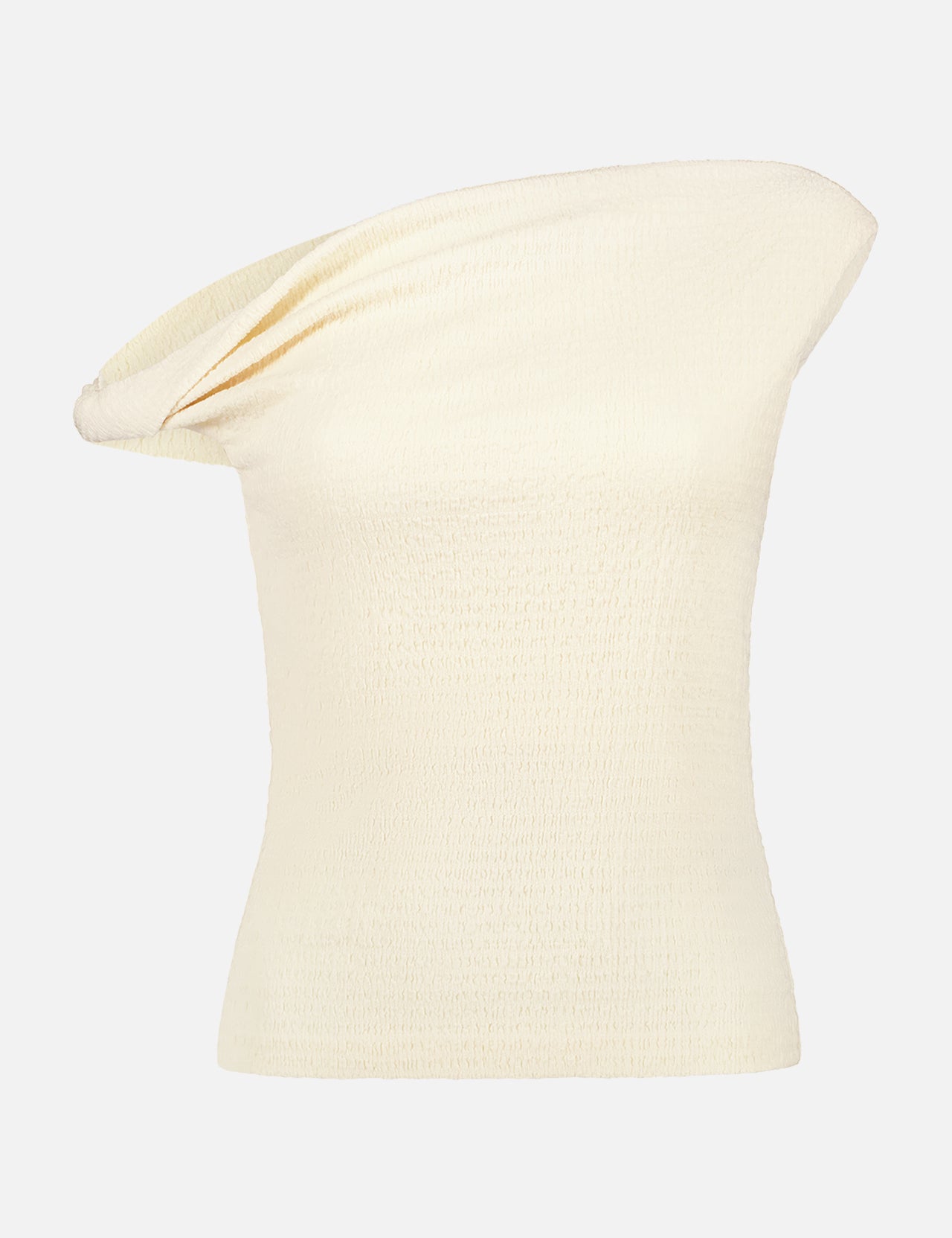 The Lou Off Shoulder Top by RAG & BONE is a cream-colored ivory top featuring textured fabric, a slightly draped neckline, and a one-shoulder, sleeveless design shown against a plain white background.