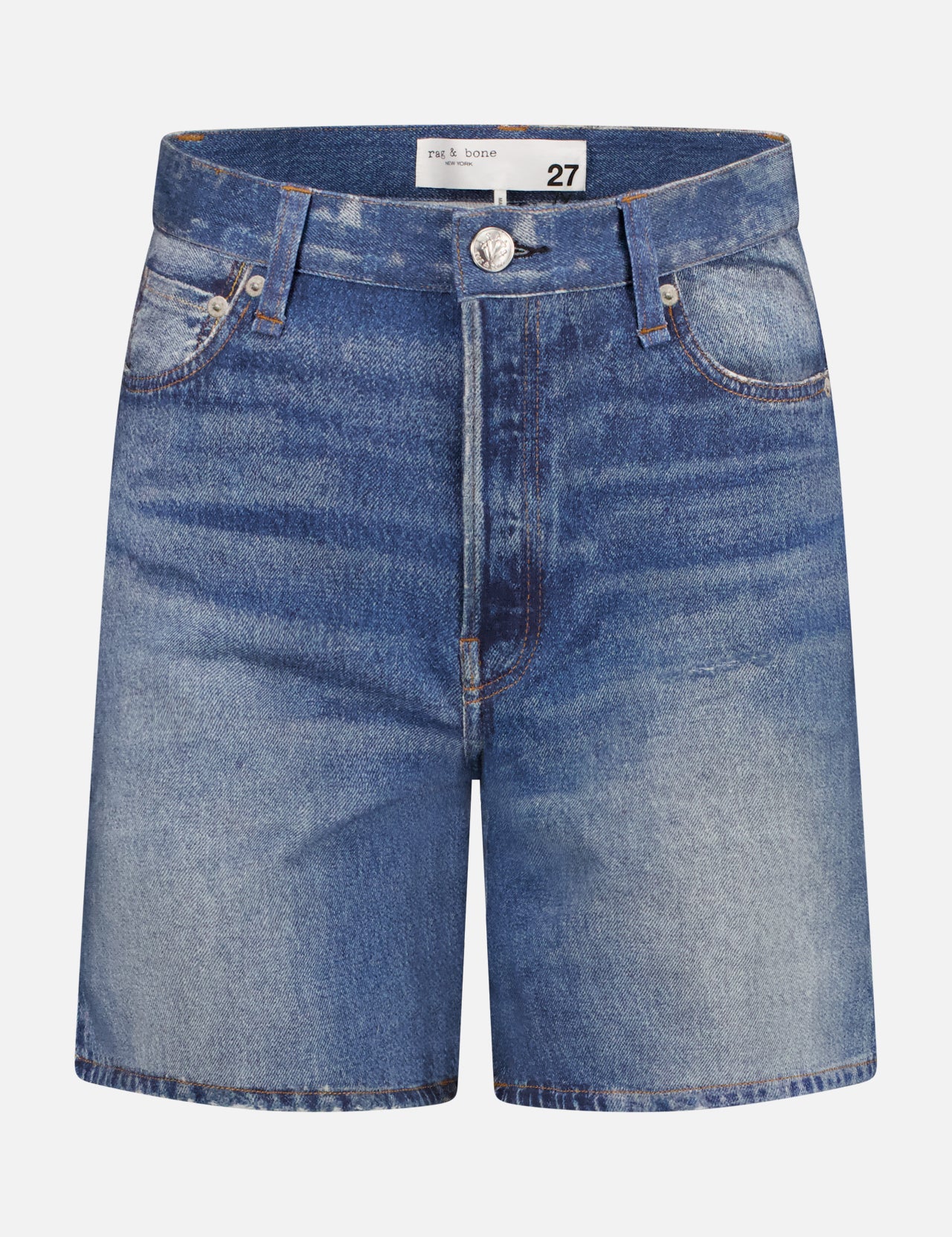 The Miramar Kaia High-rise Shorts by RAG & BONE are blue jean shorts with a faded wash, front button and zipper closure, belt loops, and five pockets, shown against a plain white background.