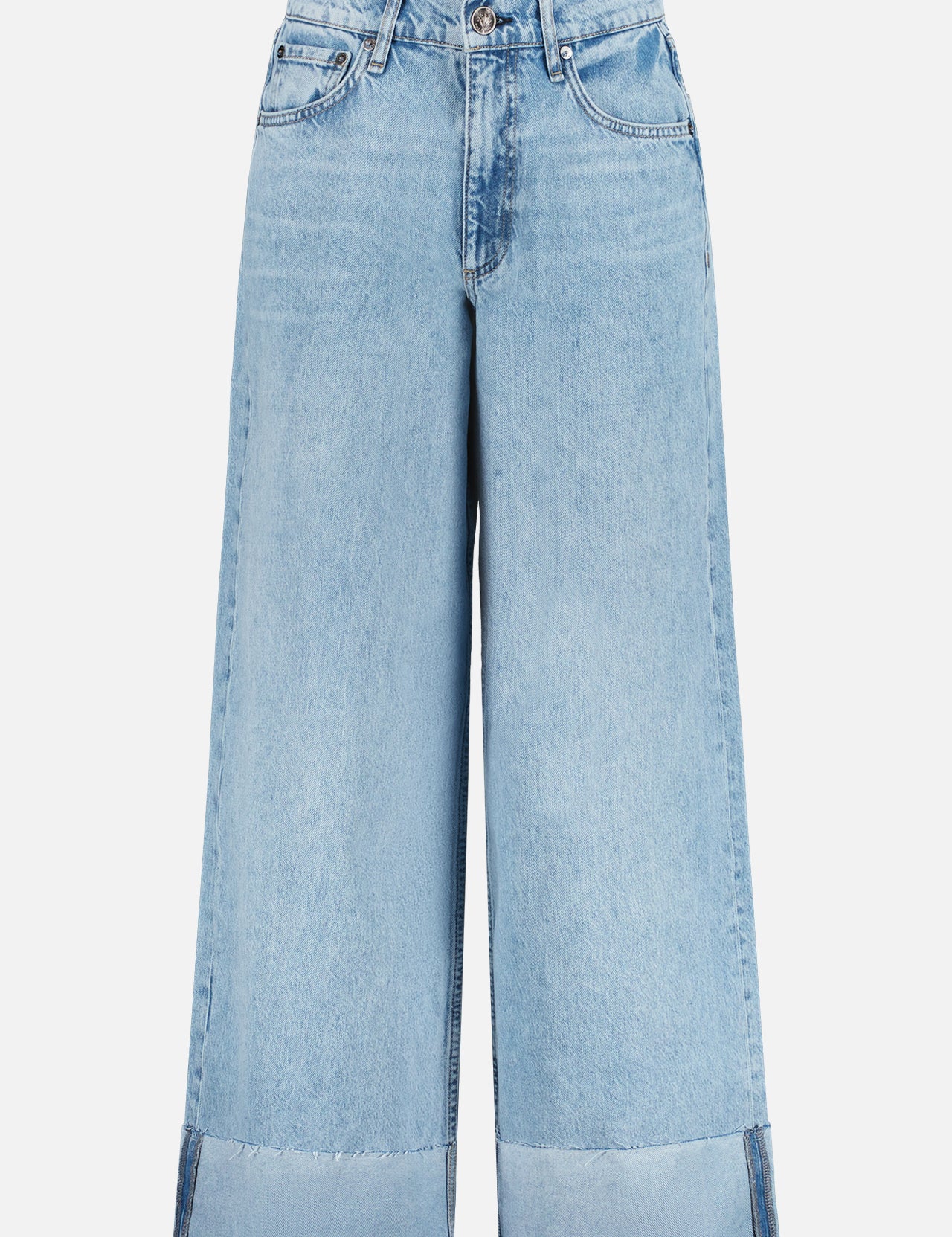 The Sofie Crop with Cuff from RAG & BONE features light blue, wide-leg, high-rise jeans with a classic five-pocket design and cropped cuffs. A slightly faded wash completes the relaxed, casual look.