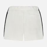 Back view of RAG & BONE Vintage Terry Blanket Stitch Short in white, featuring an elastic waistband, right patch pocket, and black textured side panels. Stylish pull-on sweat shorts designed for comfort and relaxation.