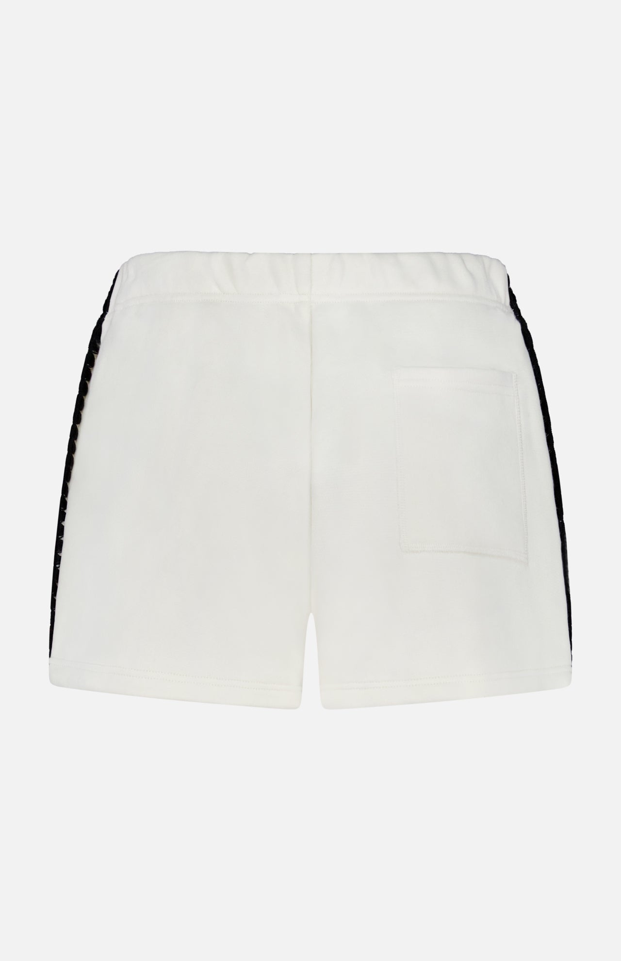 Back view of RAG & BONE Vintage Terry Blanket Stitch Short in white, featuring an elastic waistband, right patch pocket, and black textured side panels. Stylish pull-on sweat shorts designed for comfort and relaxation.