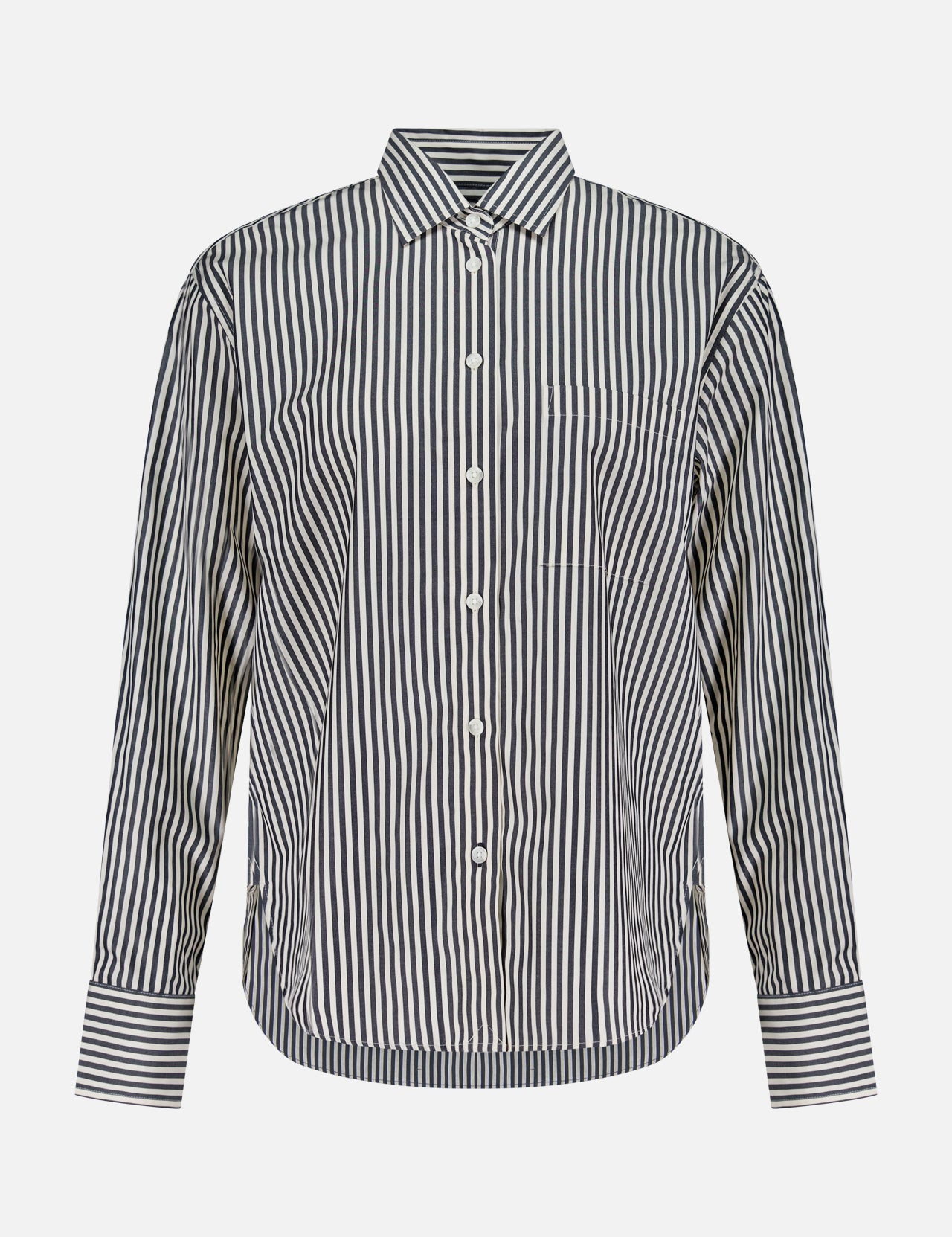 The Connie Striped Cotton Shirt by RAG & BONE features long sleeves, a collar, chest pocket, and black and white stripes—an essential capsule wardrobe piece, shown on a white background.