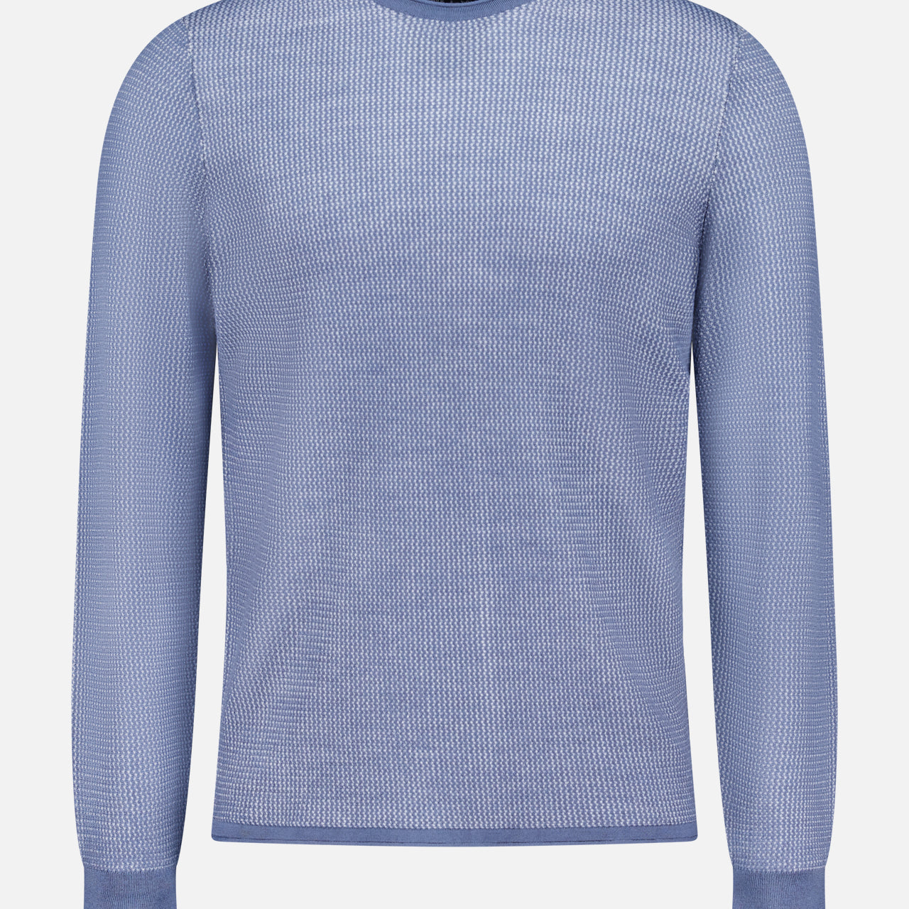 The Gregory Merino Long Sleeve Crewneck Sweater by RAG & BONE features a light blue hue, slim fit, ribbed cuffs, and a subtle textured pattern; shown here on a plain white background.