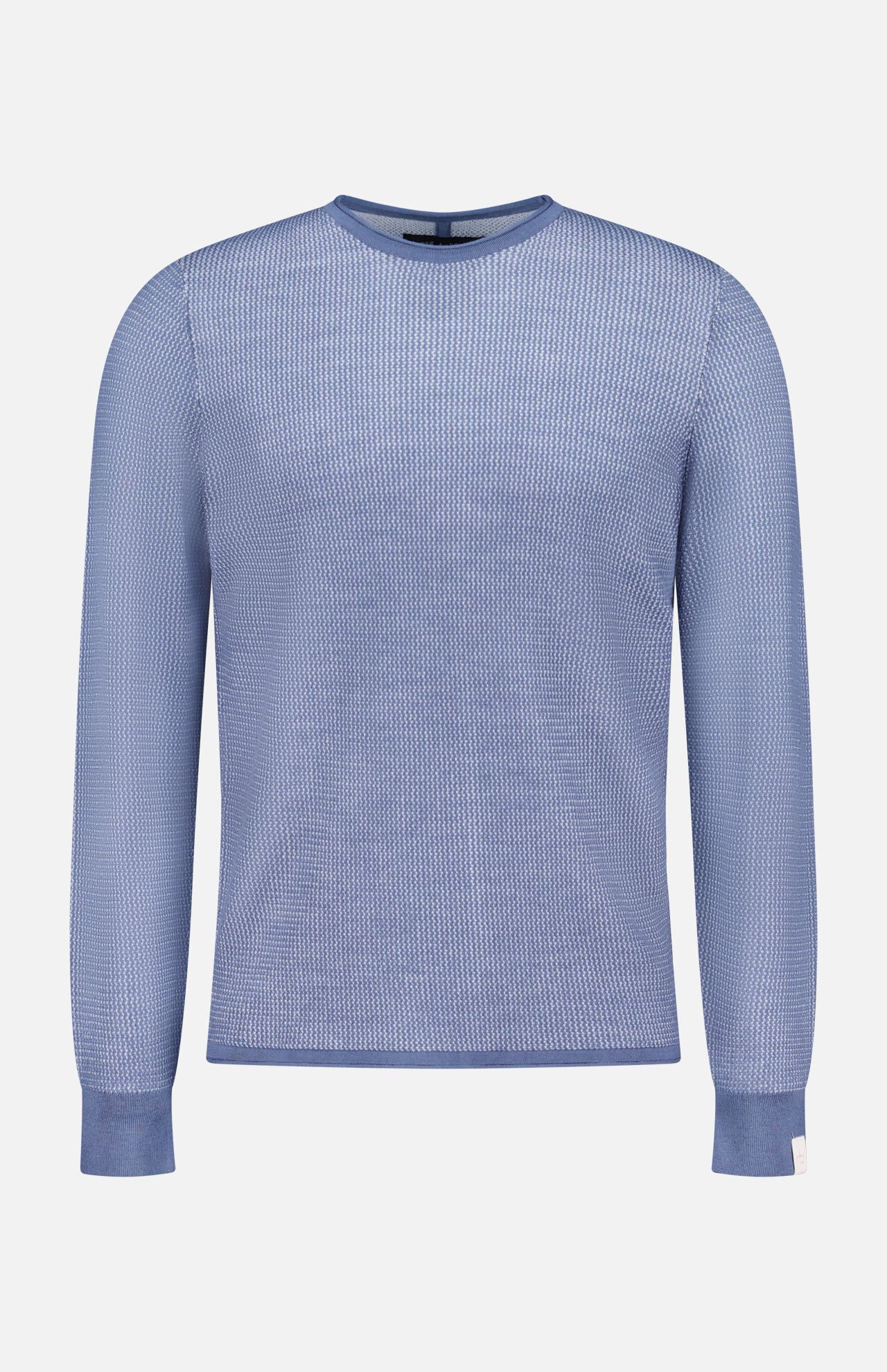 The Gregory Merino Long Sleeve Crewneck Sweater by RAG & BONE features a light blue hue, slim fit, ribbed cuffs, and a subtle textured pattern; shown here on a plain white background.