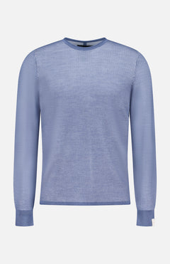 The Gregory Merino Long Sleeve Crewneck Sweater by RAG & BONE features a light blue hue, slim fit, ribbed cuffs, and a subtle textured pattern; shown here on a plain white background.