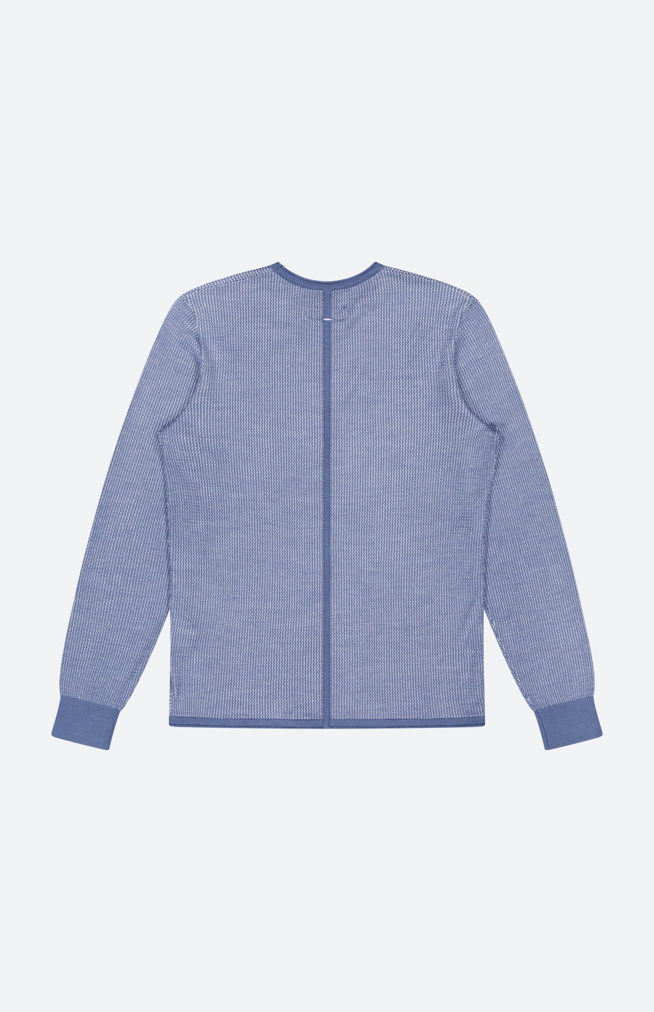 Back view of the RAG & BONE Gregory Merino Long Sleeve Crewneck Sweater in blue, featuring a slim fit, subtle striped pattern, and solid blue cuffs, hem, and neckline. Displayed on a plain light gray background.