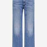 The Harlow Ankle Straight Jean by RAG & BONE features a high waist, straight leg, light blue denim with subtle thigh fading, and is embellished with small white studs for a hint of sparkle.