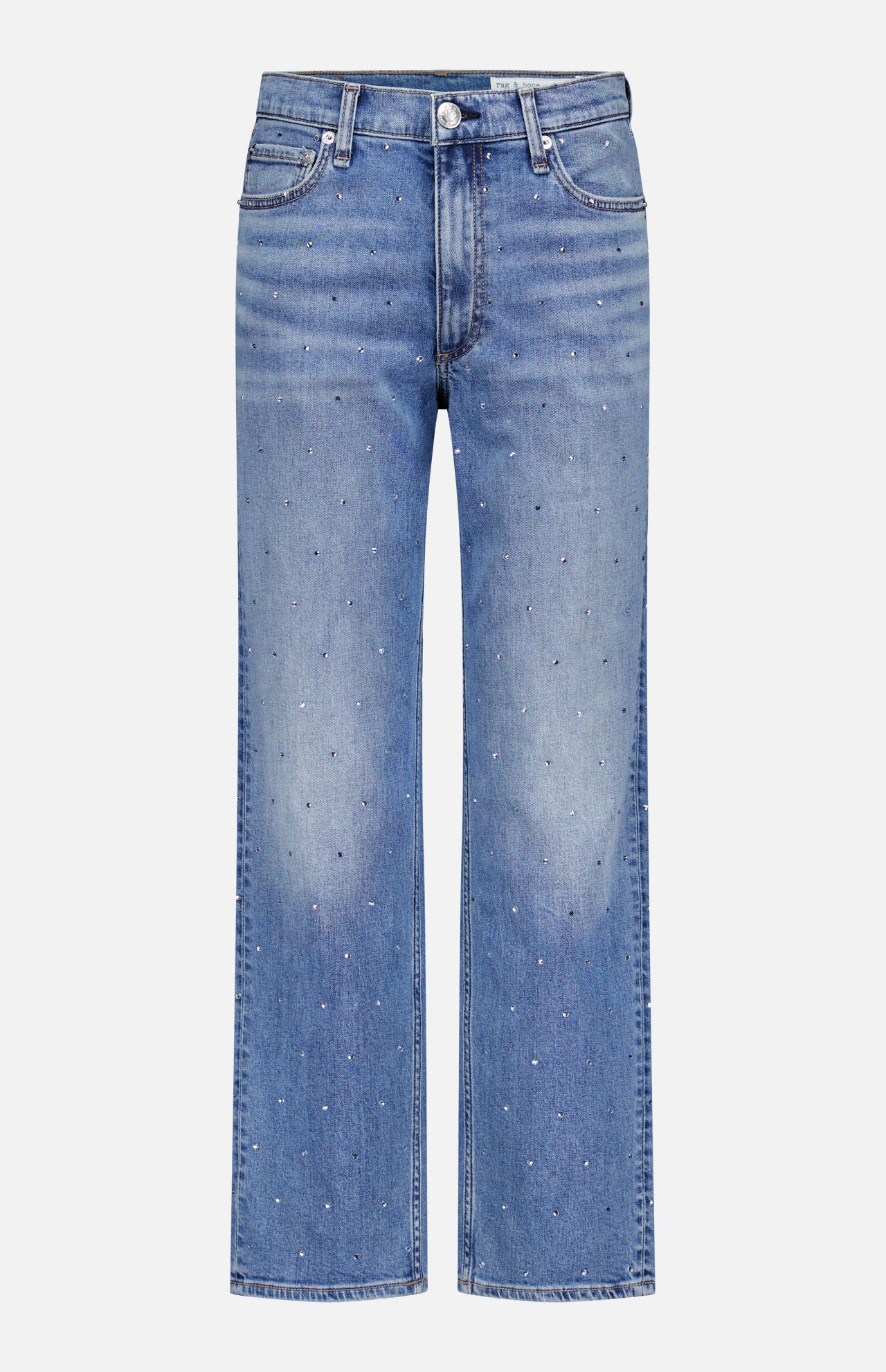 The Harlow Ankle Straight Jean by RAG & BONE features a high waist, straight leg, light blue denim with subtle thigh fading, and is embellished with small white studs for a hint of sparkle.