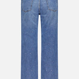 Back view of RAG & BONE Harlow Ankle Straight Jean in blue denim with white polka dots, subtle sequin accents, two back pockets, and a brown leather patch on the waistband.
