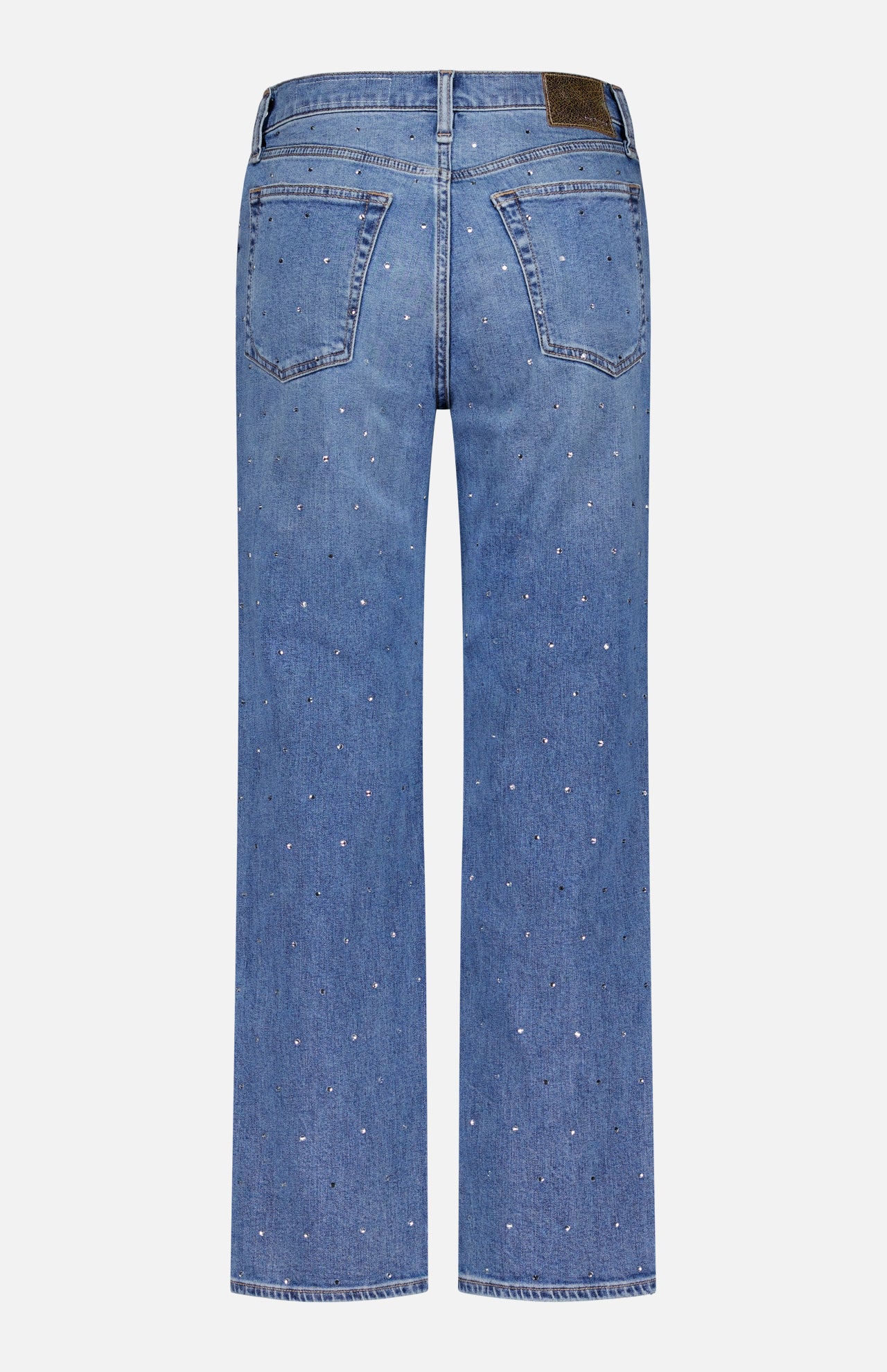 Back view of RAG & BONE Harlow Ankle Straight Jean in blue denim with white polka dots, subtle sequin accents, two back pockets, and a brown leather patch on the waistband.