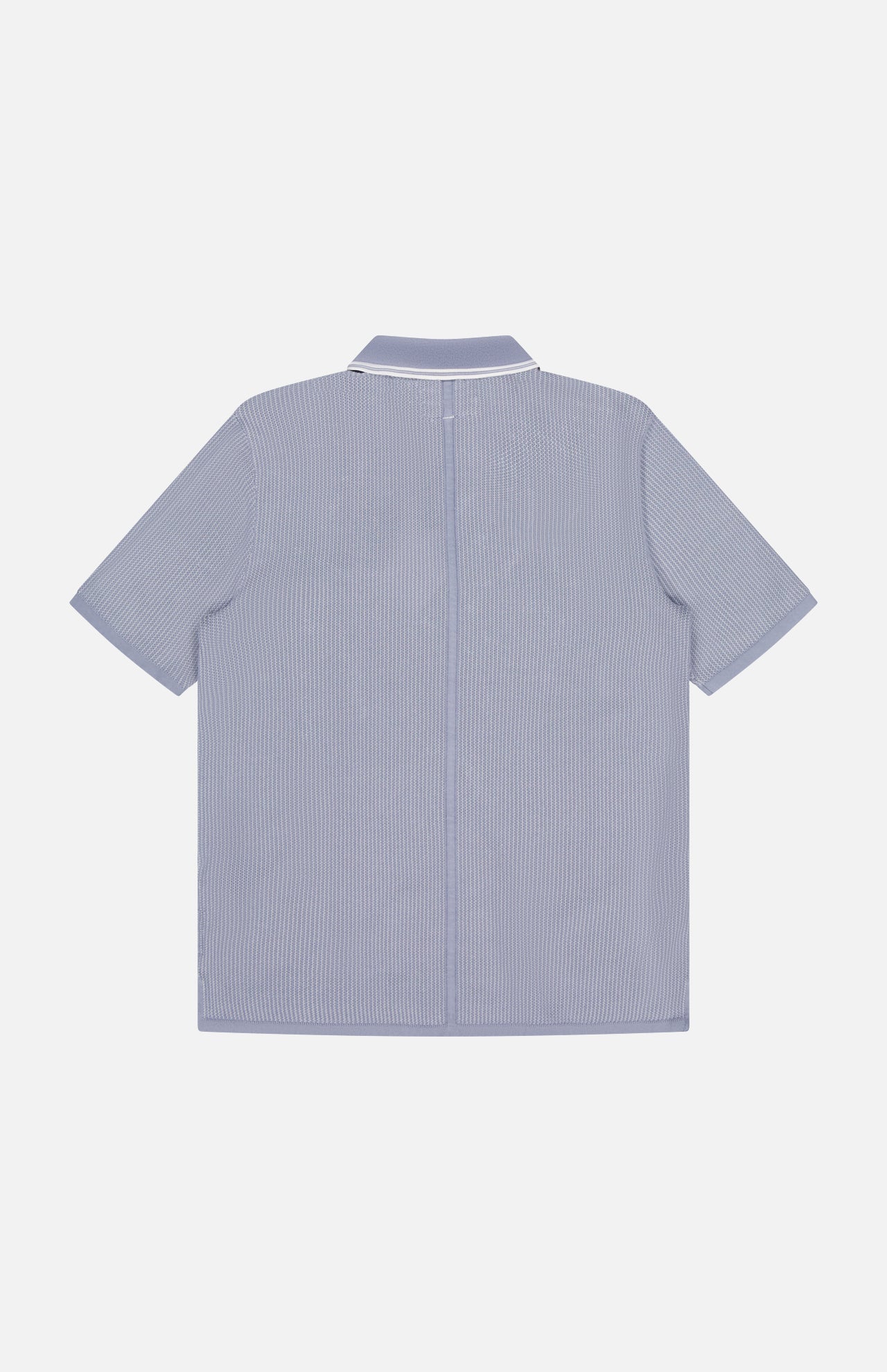 Back of the Harvey Tipped Polo Shirt by RAG & BONE, a retro-inspired, light blue short-sleeve polo with white pinstripes and classic collar, displayed on a plain white background.