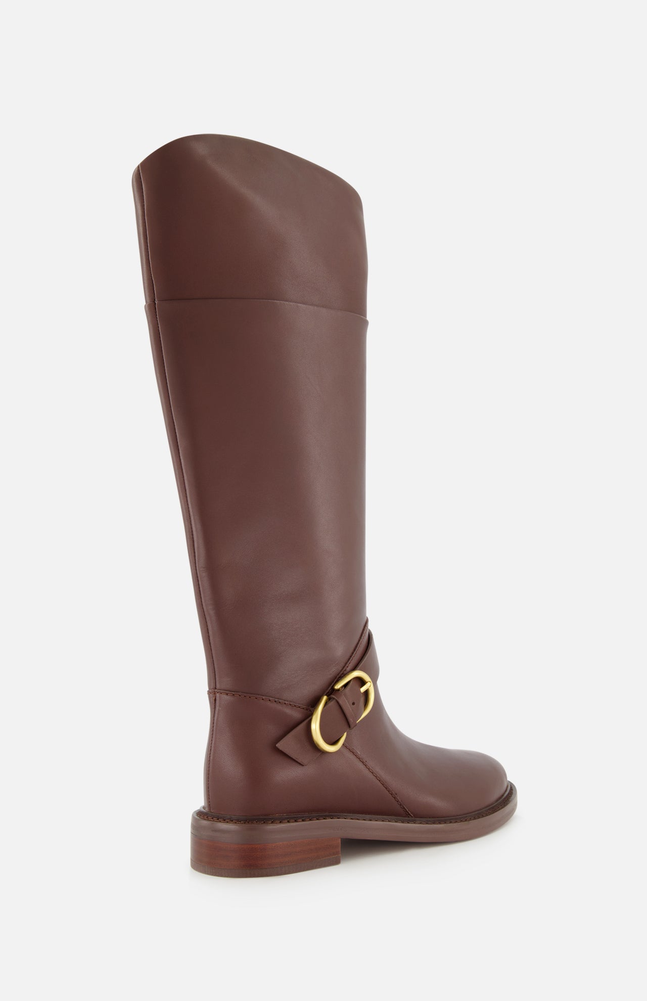 The Hayden Leather Riding Boot by RAG & BONE is a knee-high brown leather boot with a low heel and gold buckle detail near the ankle, shown against a white background.