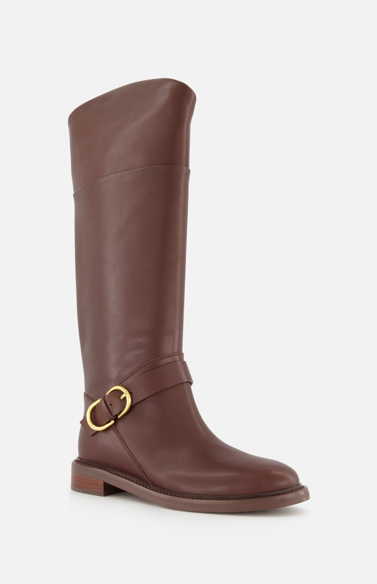 The RAG & BONE Hayden Leather Riding Boot is a tall, knee-length brown leather boot featuring a low heel, rounded toe, and gold buckle detail on the ankle strap.