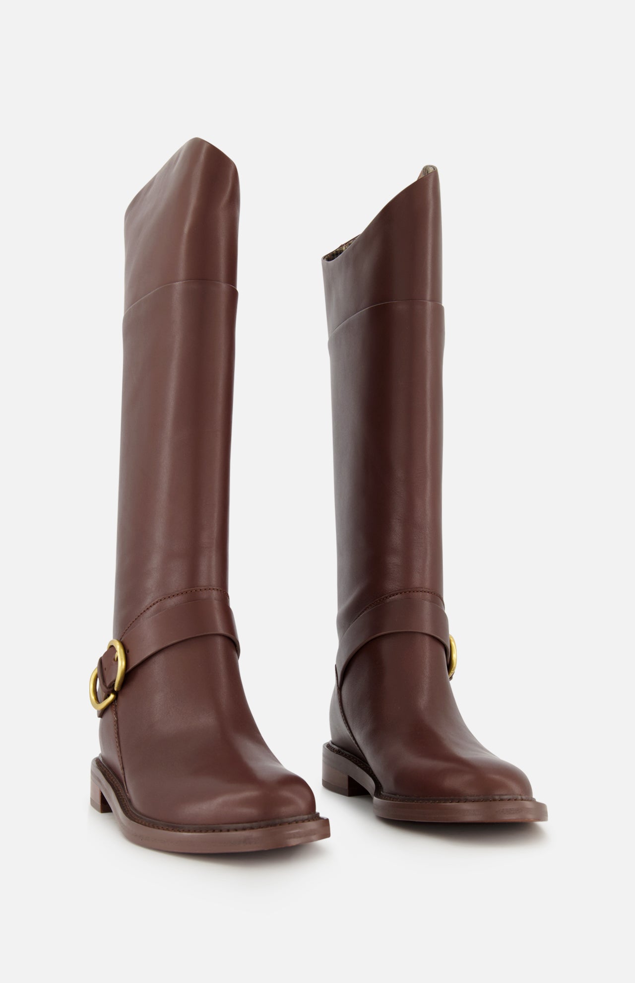 The RAG & BONE Hayden Leather Riding Boot is a tall brown leather boot with low heels and gold buckles on side straps, shown against a plain white background.