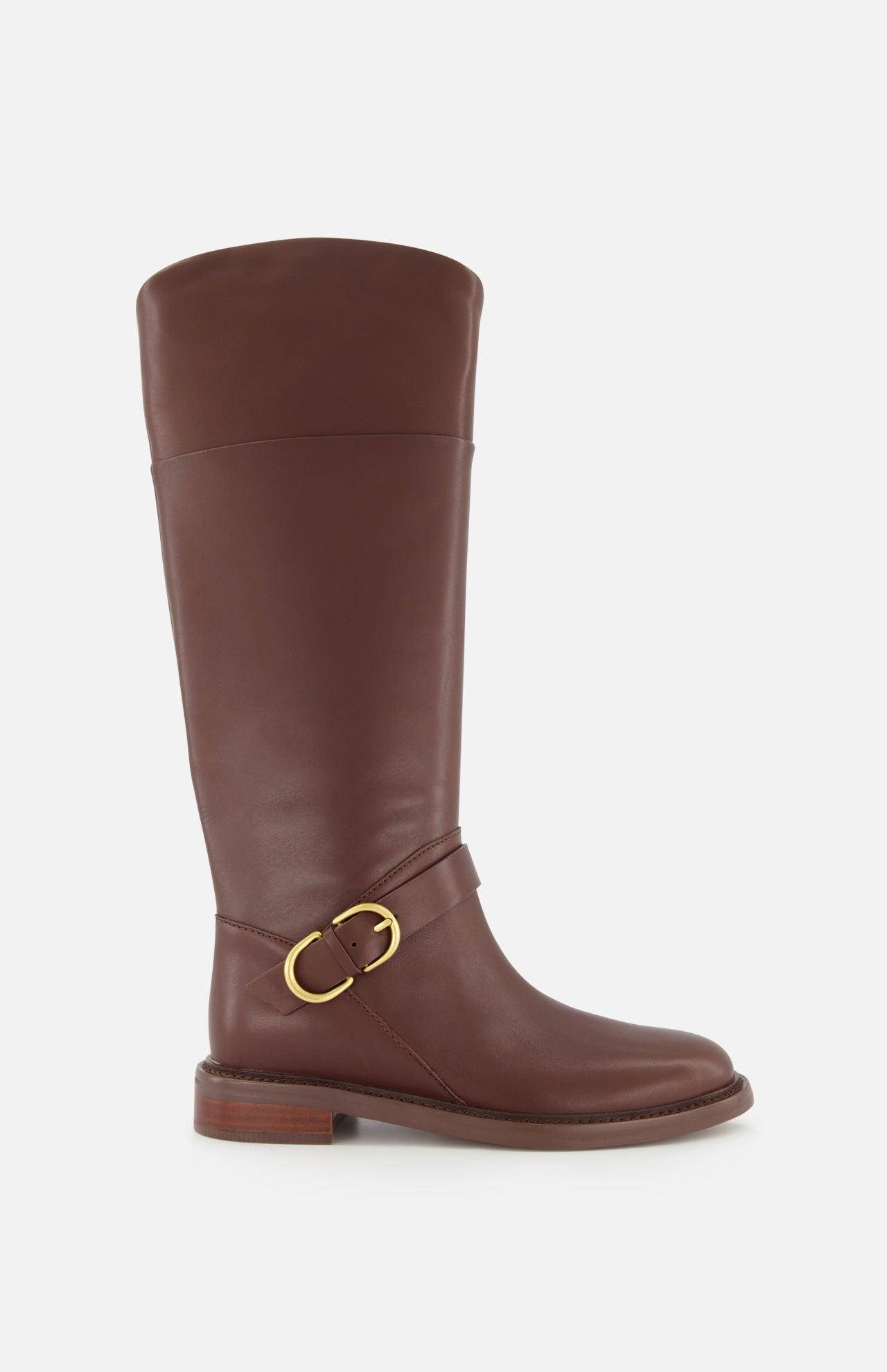 The Hayden Leather Riding Boot by RAG & BONE is a knee-high brown leather boot with a low stacked heel and gold buckle detail near the ankle, shown against a plain white background.