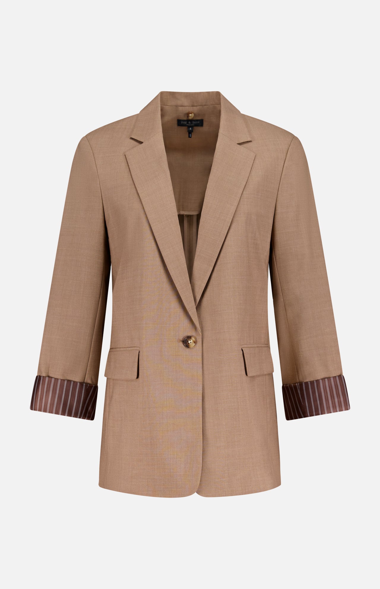 The RAG & BONE Jennifer Combo Blazer is a beige single-button style with notched lapels, flap pockets, and three-quarter sleeves with brown pinstriped cuffs. Pair it with the matching vest for a coordinated look.