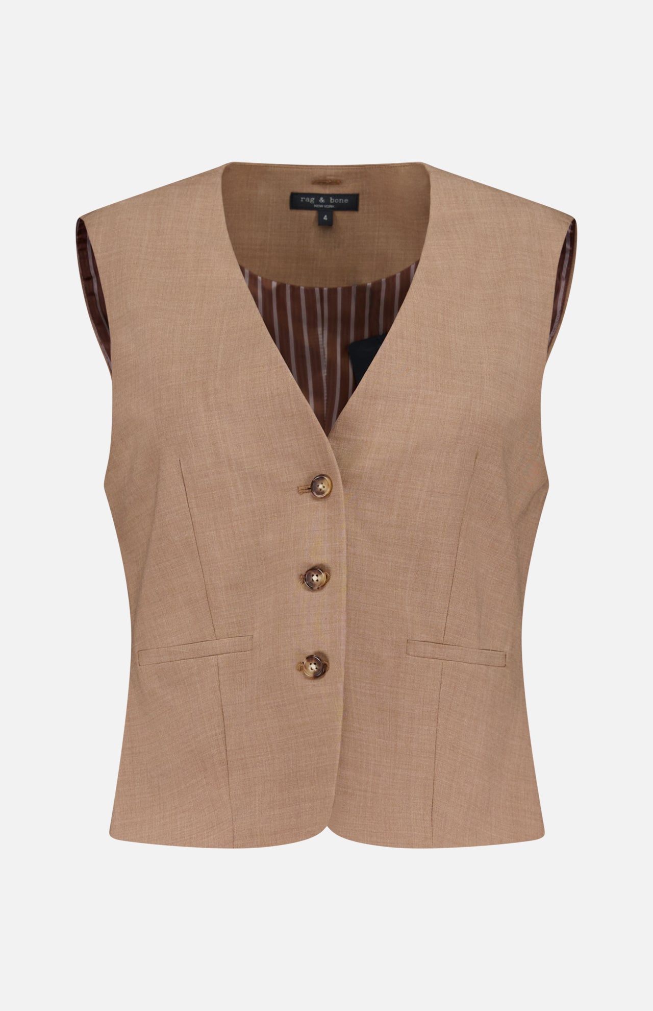 The RAG & BONE Jennifer Combo Blazer is a beige, single-button blazer with a tailored fit. It features two front slit pockets and a V-neckline with brown and white striped lining, shown against a white background.