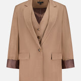 The Jennifer Combo Blazer by RAG & BONE features tan wool-blend fabric, notched lapels, flap pockets, and brown striped lining at the rolled cuffs. A matching vest with brown buttons is layered underneath, all set against a plain white background.