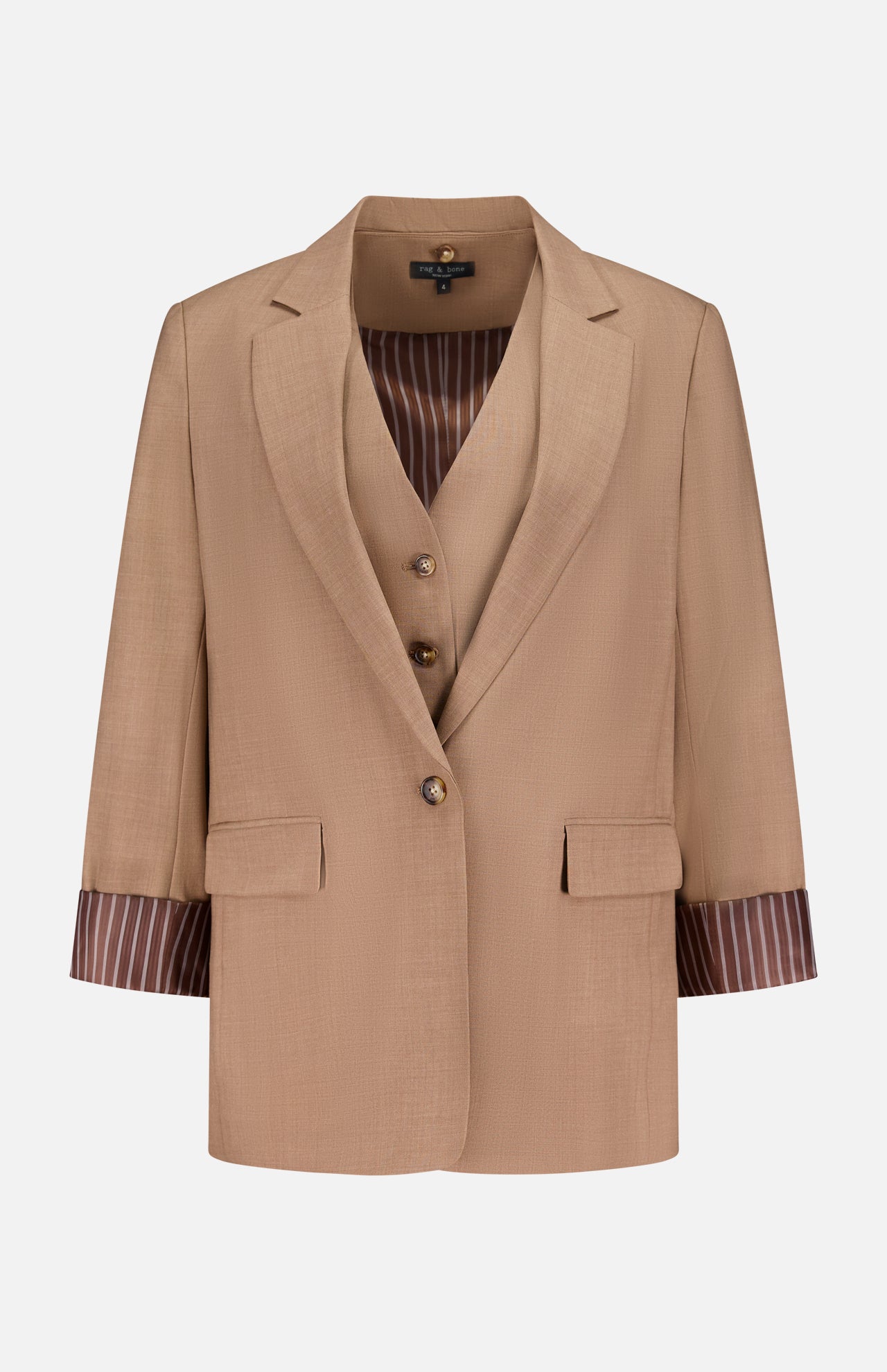 The Jennifer Combo Blazer by RAG & BONE features tan wool-blend fabric, notched lapels, flap pockets, and brown striped lining at the rolled cuffs. A matching vest with brown buttons is layered underneath, all set against a plain white background.