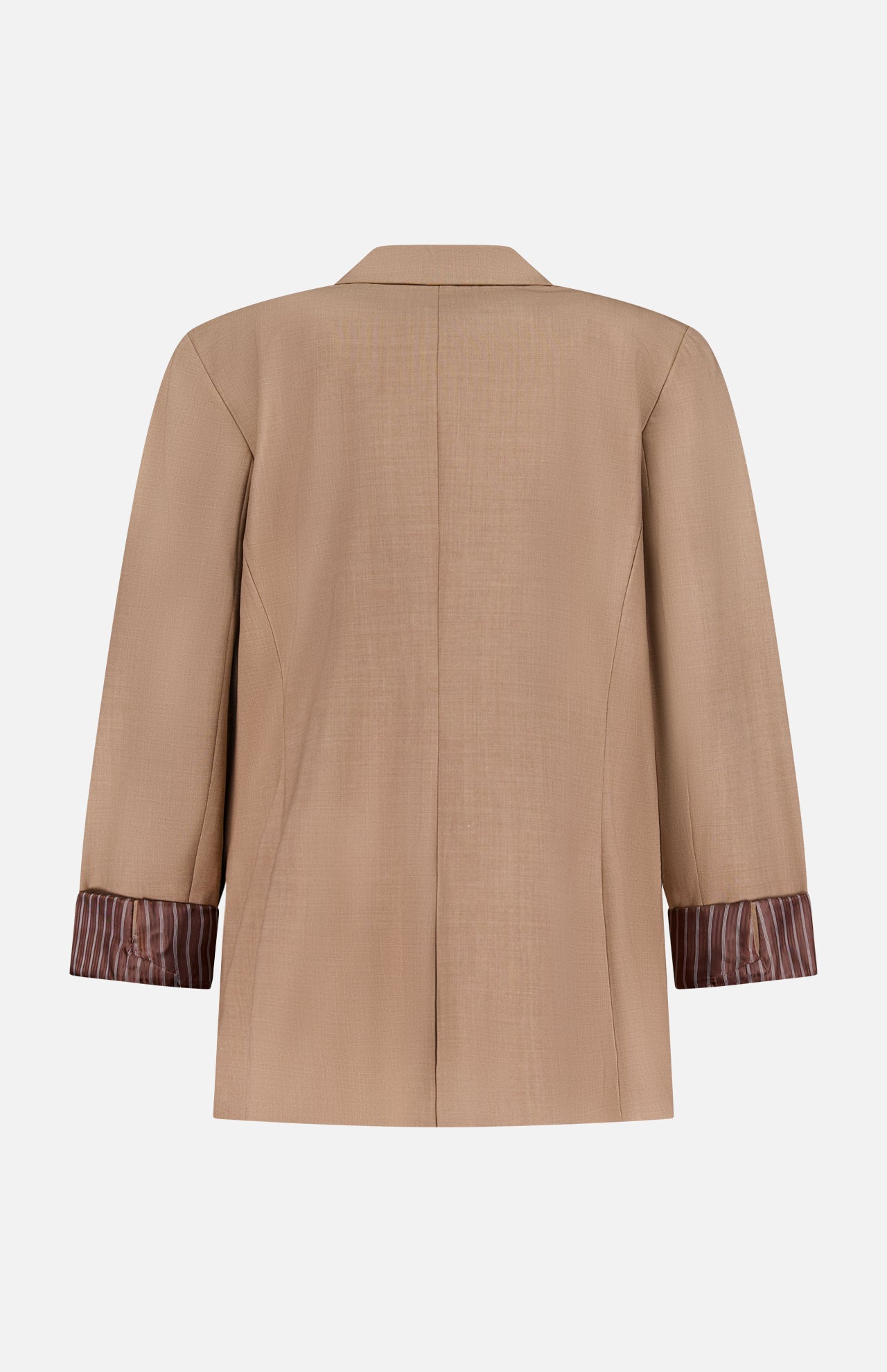 The Jennifer Combo Blazer by RAG & BONE is a tan wool-blend jacket with long sleeves, notched collar, and relaxed fit. Shown from the back, the rolled-up sleeves reveal a brown and white striped lining.