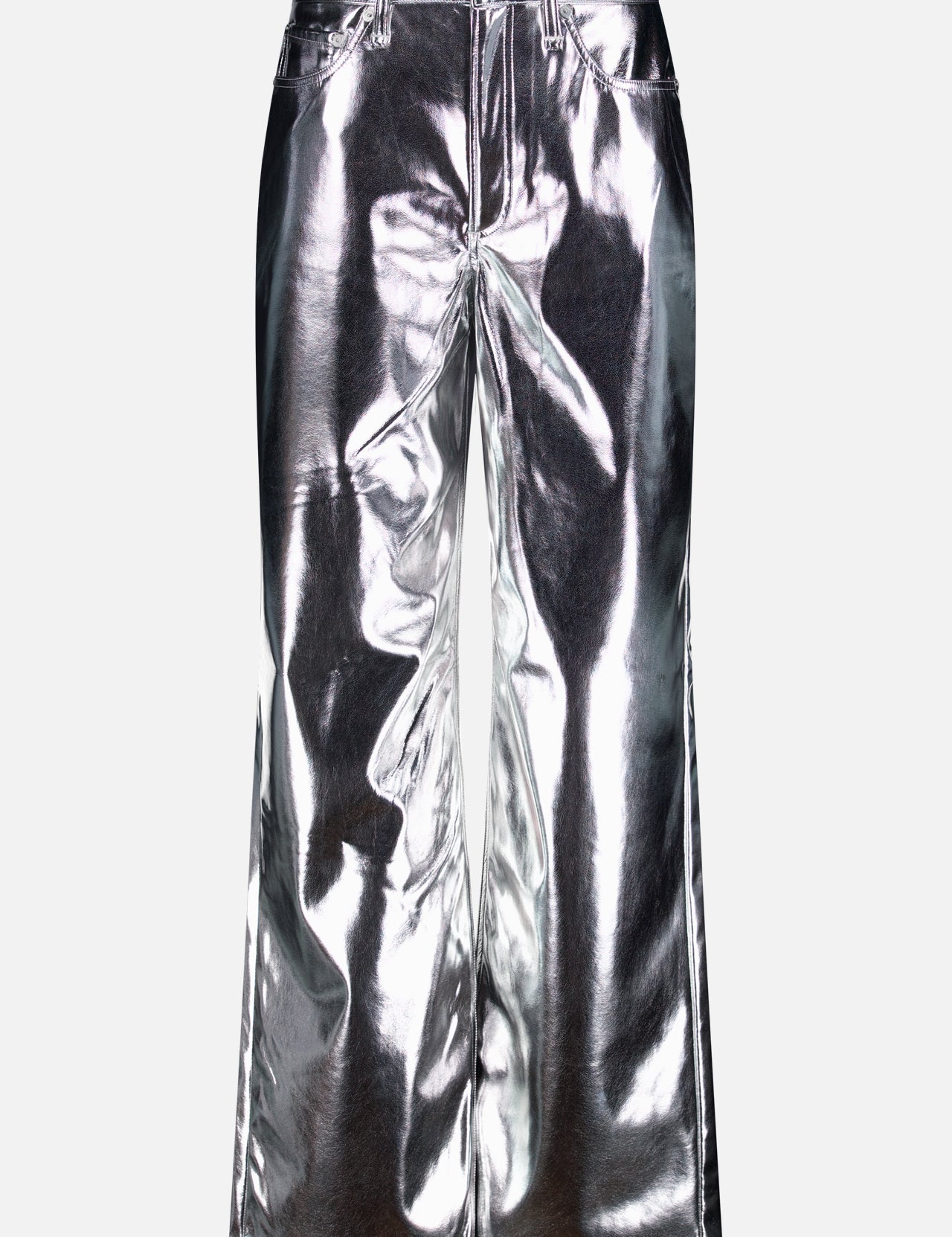 The Logan Faux Leather Wide Leg Pant by RAG & BONE features a high waist, wide-leg cut, shiny silver finish, belt loops, pockets, and a front zipper closure.