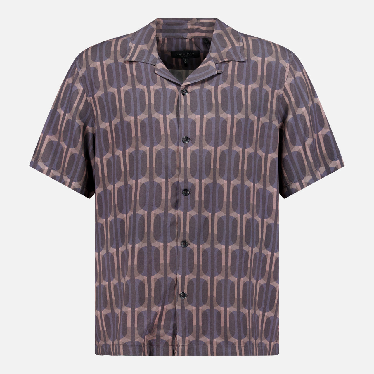 The Avery Short Sleeve Printed Shirt by RAG & BONE features a retro geometric rectangle pattern in brown and gray, shown on a plain white background.