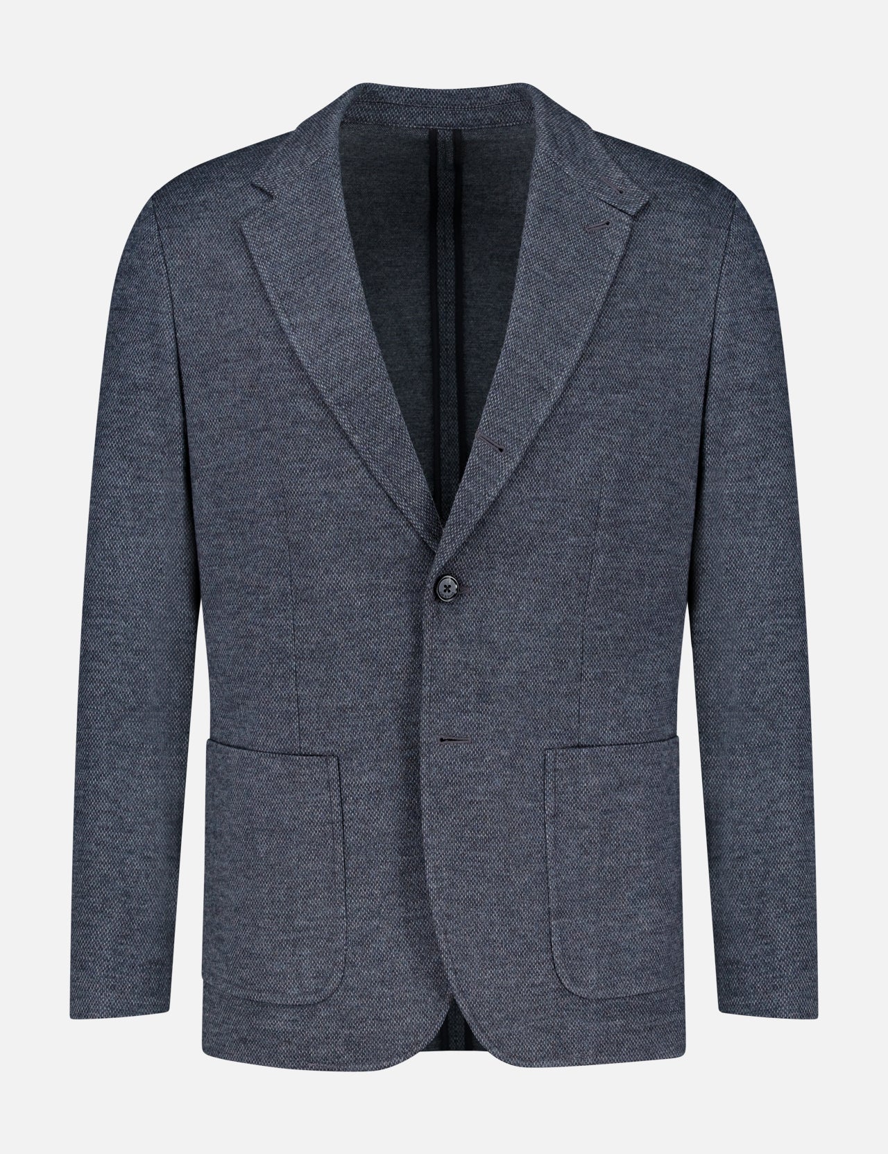 The Becker Knit Sportcoat by RAG & BONE is a dark grey jacket crafted from a lightweight cotton-blend with a textured finish, featuring two front patch pockets, a notched lapel, and a single button closure—an elevated interpretation of the classic British sport coat, shown against a plain white background.