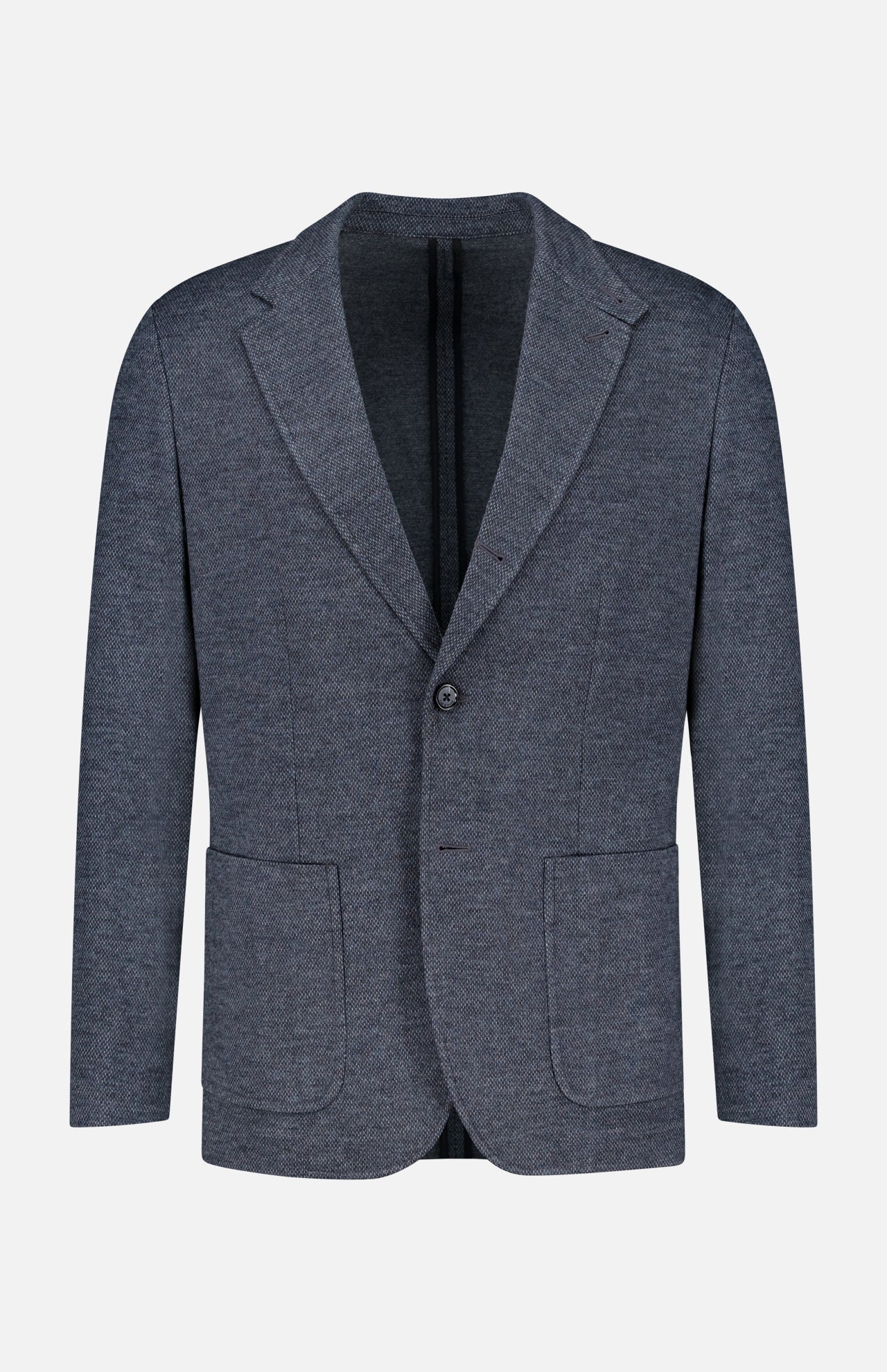 The Becker Knit Sportcoat by RAG & BONE is a dark grey jacket crafted from a lightweight cotton-blend with a textured finish, featuring two front patch pockets, a notched lapel, and a single button closure—an elevated interpretation of the classic British sport coat, shown against a plain white background.