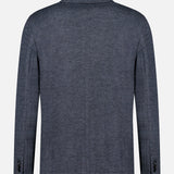 Back view of the RAG & BONE Becker Knit Sportcoat in dark grey, crafted from a lightweight cotton-blend with long sleeves, two buttons on each cuff, and a straight hem, shown against a plain light background.