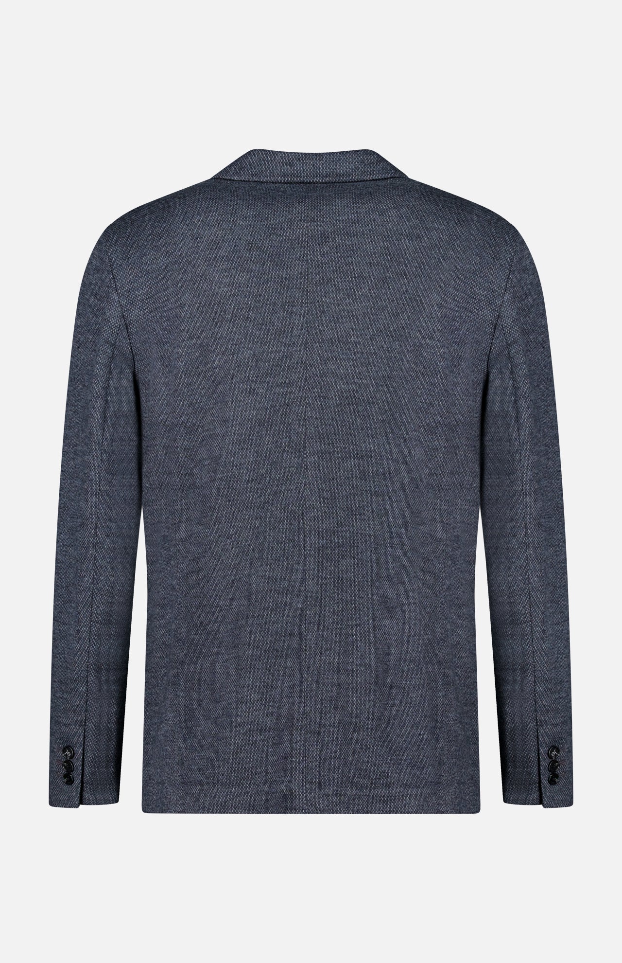 Back view of the RAG & BONE Becker Knit Sportcoat in dark grey, crafted from a lightweight cotton-blend with long sleeves, two buttons on each cuff, and a straight hem, shown against a plain light background.