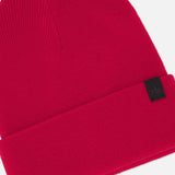 The Brooks Stretch Beanie by RAG & BONE is a vibrant red ribbed knit with a folded brim and a small black logo tag, shown against a plain white background.