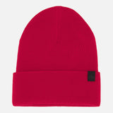 The Brooks Stretch Beanie by RAG & BONE is a vibrant red ribbed knit hat with a folded brim and small black rectangular tag on the left side, shown against a plain white background.