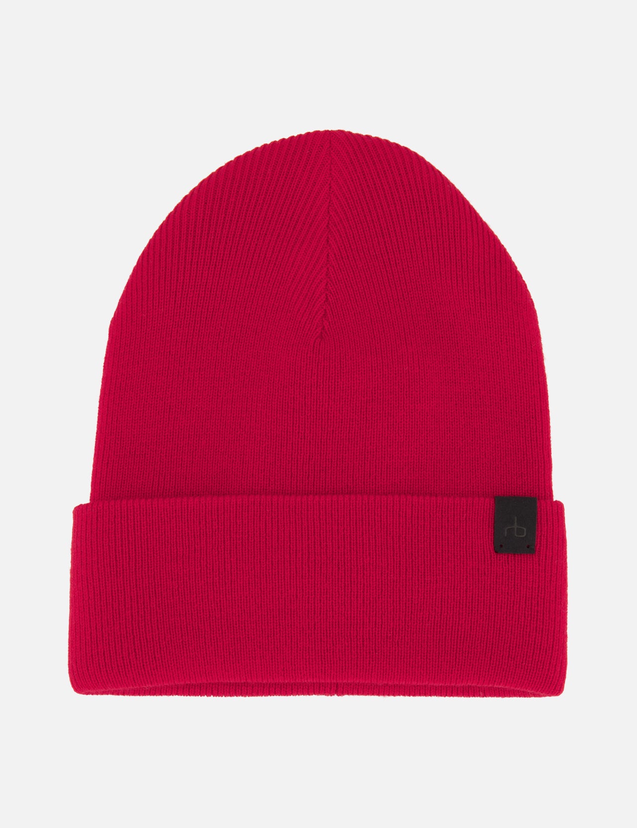 The Brooks Stretch Beanie by RAG & BONE is a vibrant red ribbed knit hat with a folded brim and small black rectangular tag on the left side, shown against a plain white background.