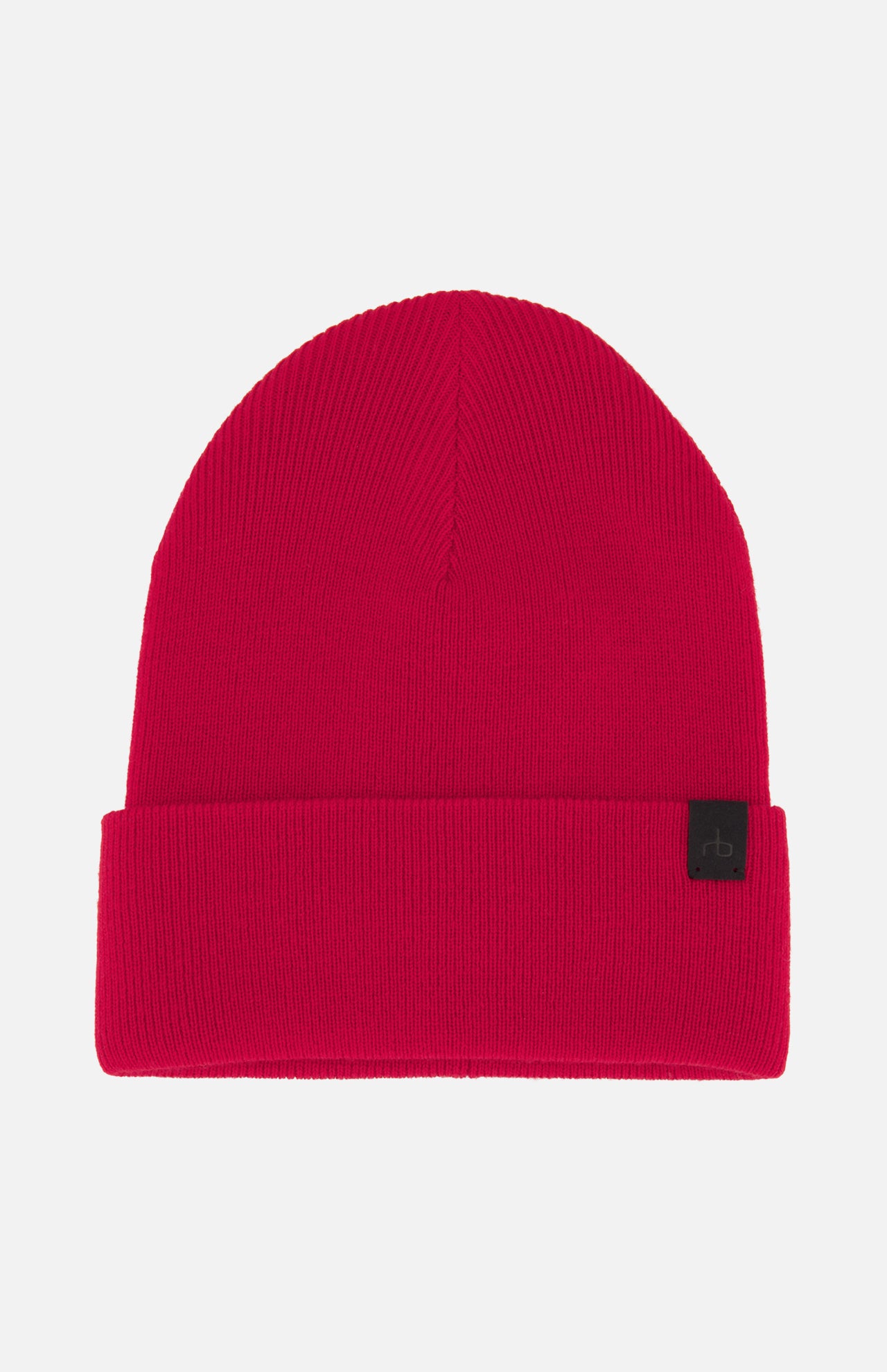 The Brooks Stretch Beanie by RAG & BONE is a vibrant red ribbed knit hat with a folded brim and small black rectangular tag on the left side, shown against a plain white background.