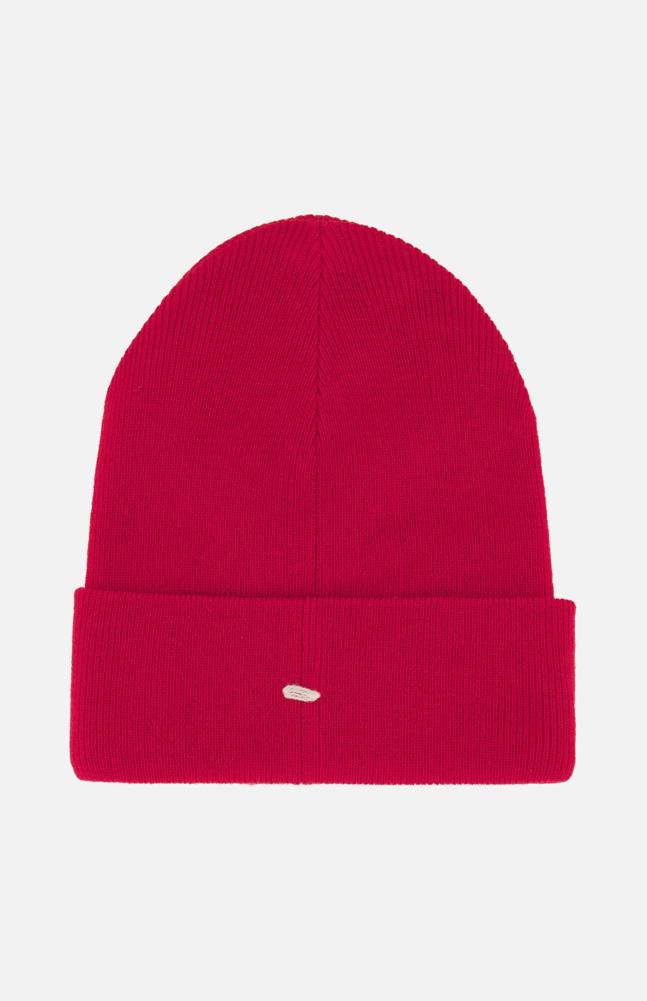 The Brooks Stretch Beanie by RAG & BONE is a bright red ribbed knit beanie featuring a folded cuff and a small oval patch on the front, shown against a plain white background.