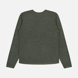 The RAG & BONE Brooks Wool Crew Neck Sweater in army green is laid flat with the back facing up against a white background, highlighting its classic men’s crew neck design.