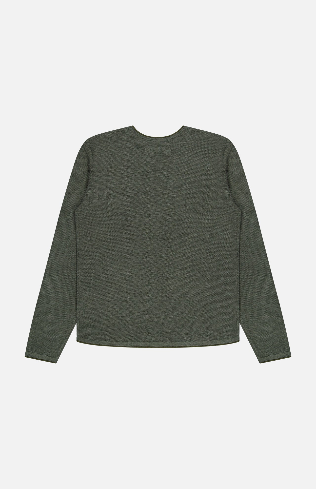 The RAG & BONE Brooks Wool Crew Neck Sweater in army green is laid flat with the back facing up against a white background, highlighting its classic men’s crew neck design.