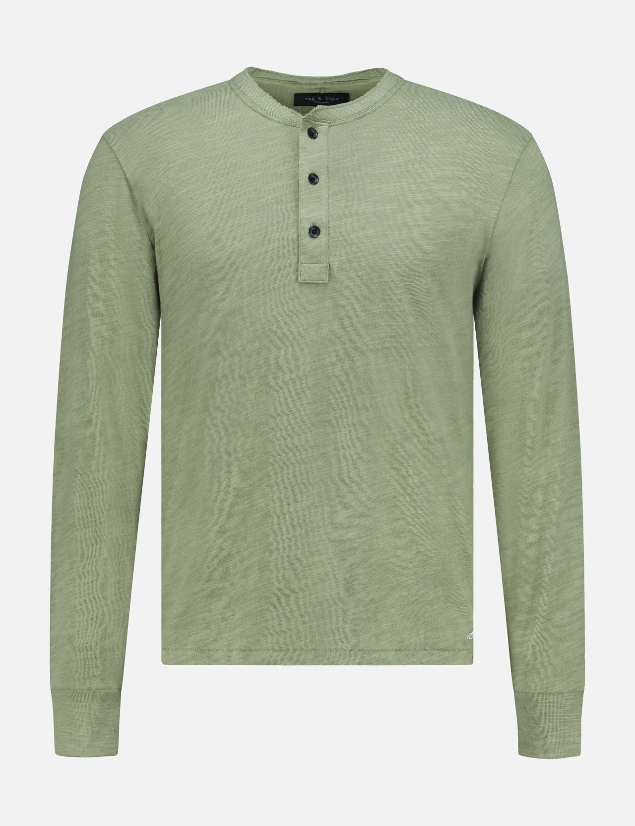 The RAG & BONE Classic Flame Henley Shirt in light green features a round neckline and three dark buttons on a short placket, making it an ideal casual wardrobe staple. Crafted from soft cotton, this plain Henley shirt has no visible patterns or logos and is displayed against a clean white background.