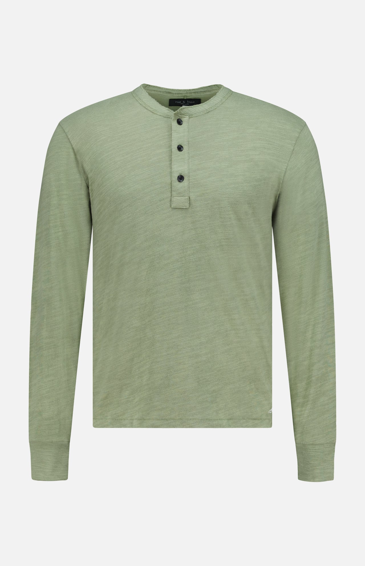 The RAG & BONE Classic Flame Henley Shirt in light green features a round neckline and three dark buttons on a short placket, making it an ideal casual wardrobe staple. Crafted from soft cotton, this plain Henley shirt has no visible patterns or logos and is displayed against a clean white background.