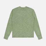 A long-sleeve Classic Flame Henley Shirt by RAG & BONE in light green is laid flat, showcasing the back with a visible center seam and a clean design free of logos or patterns—making it a true casual wardrobe staple.