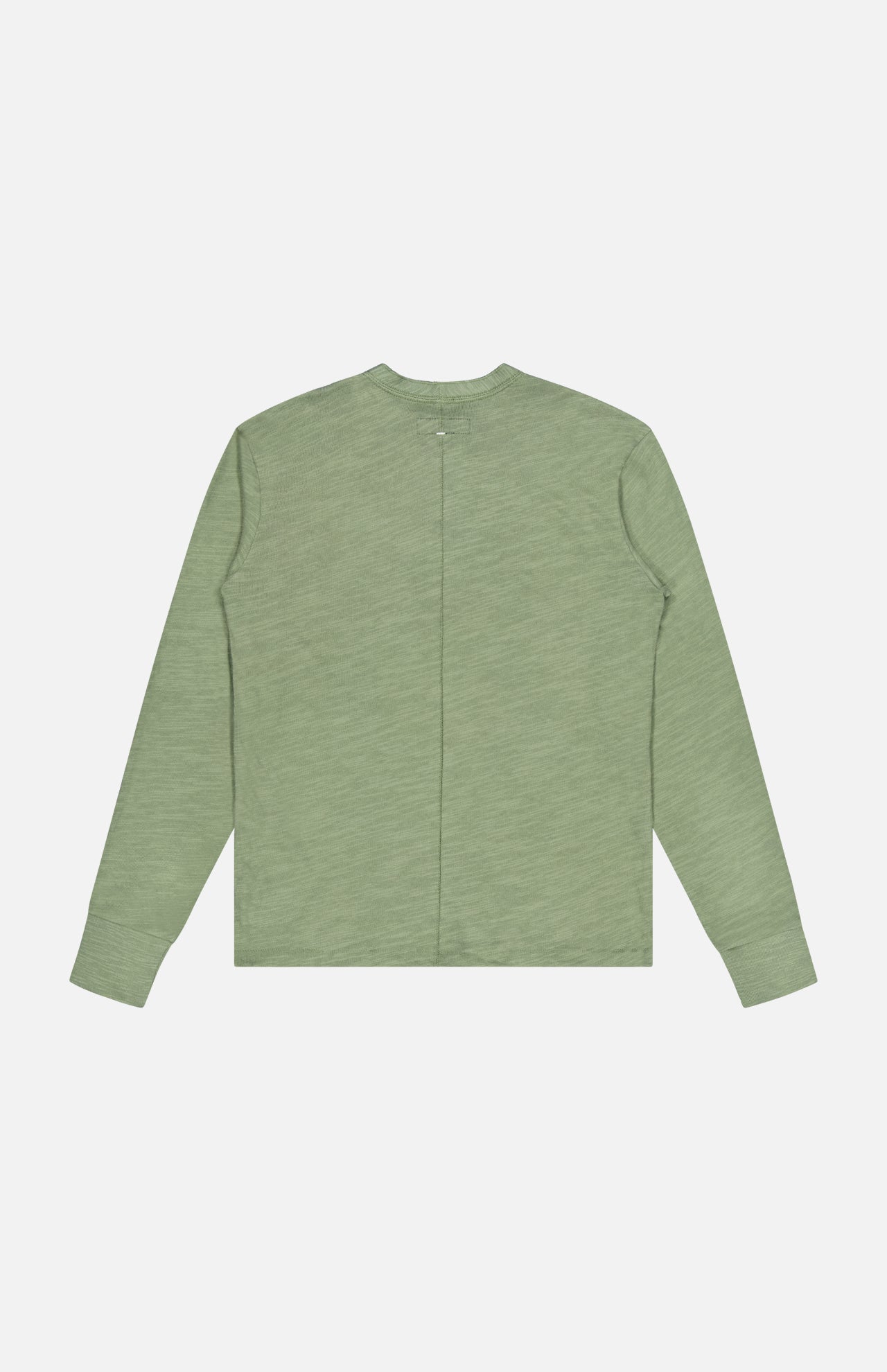 A long-sleeve Classic Flame Henley Shirt by RAG & BONE in light green is laid flat, showcasing the back with a visible center seam and a clean design free of logos or patterns—making it a true casual wardrobe staple.