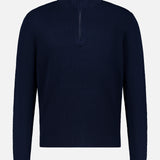 The Danton Cotton Quarter Zip Sweater by RAG & BONE is a navy, long-sleeve pullover with a textured pattern, lightweight cotton fabric, and a chest-to-collar zipper. Shown on a plain white background.