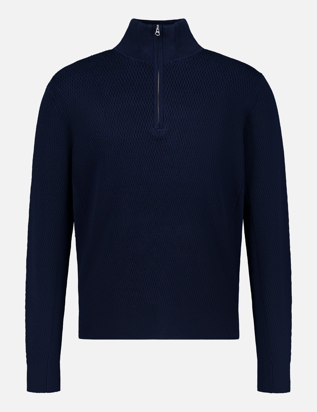 The Danton Cotton Quarter Zip Sweater by RAG & BONE is a navy, long-sleeve pullover with a textured pattern, lightweight cotton fabric, and a chest-to-collar zipper. Shown on a plain white background.