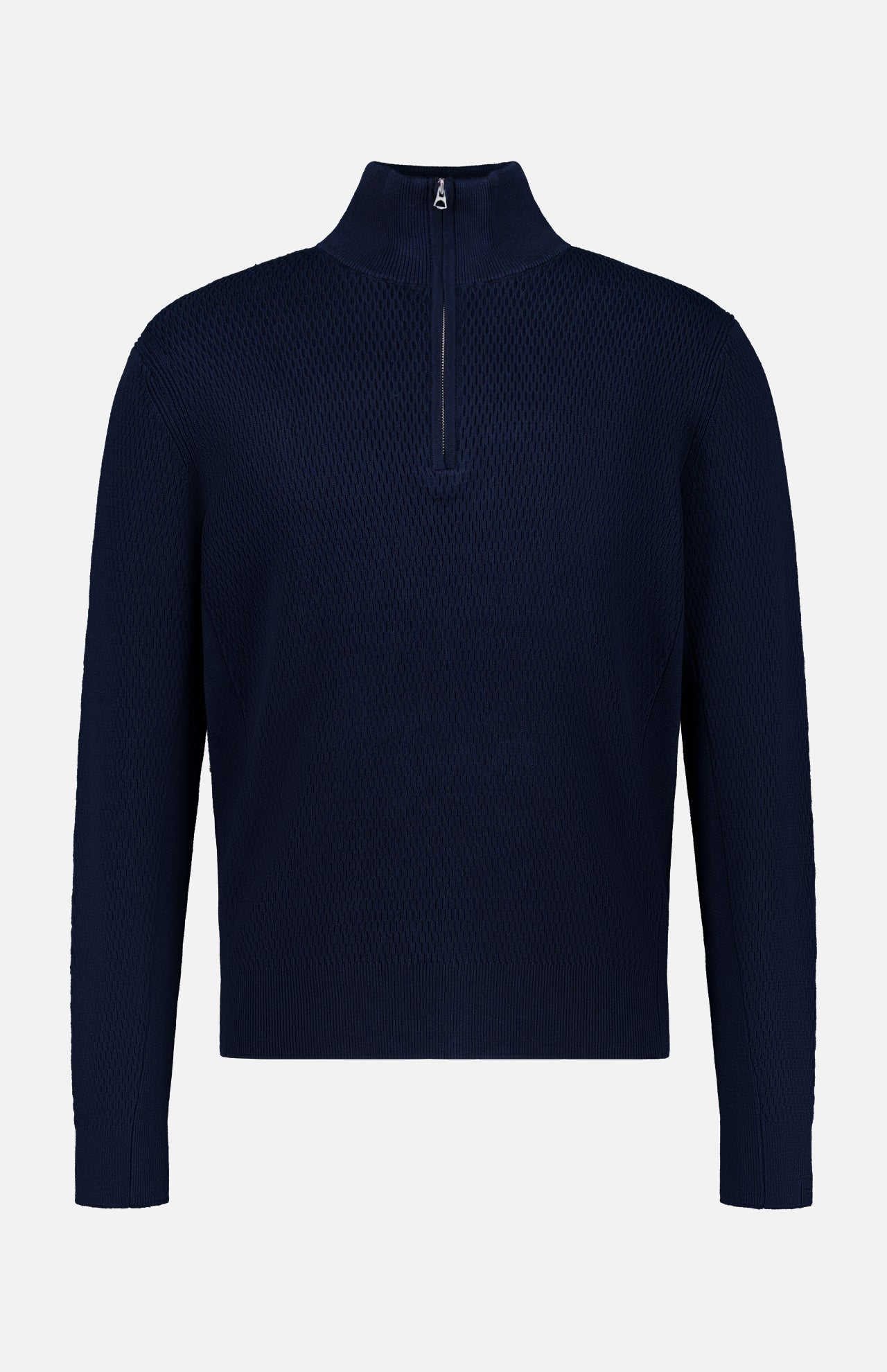 The Danton Cotton Quarter Zip Sweater by RAG & BONE is a navy, long-sleeve pullover with a textured pattern, lightweight cotton fabric, and a chest-to-collar zipper. Shown on a plain white background.